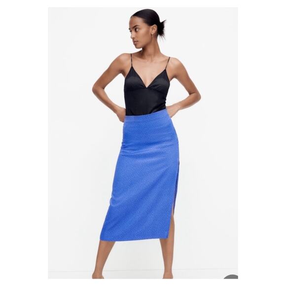ZARA Polka Dot Satin Slit Leg Midi Skirt M Blue - Picture 1 of 9